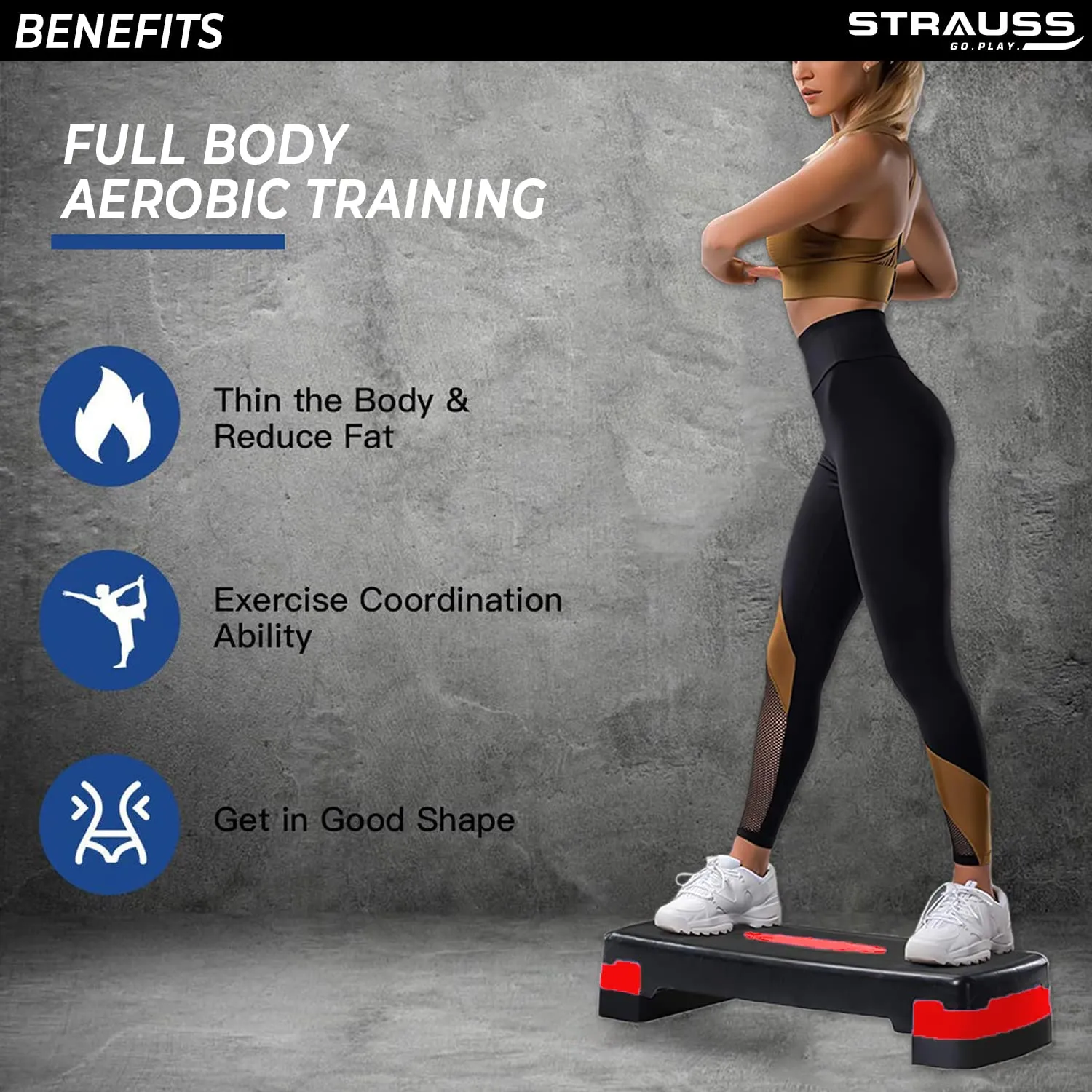 Strauss Aerobic Stepper | Two Height Level Adjustments - 4 inches and 6 inches | Slip-Resistant & Shock Absorbing Platform for Extra-Durability - Supports Upto 200 KG, (Red)