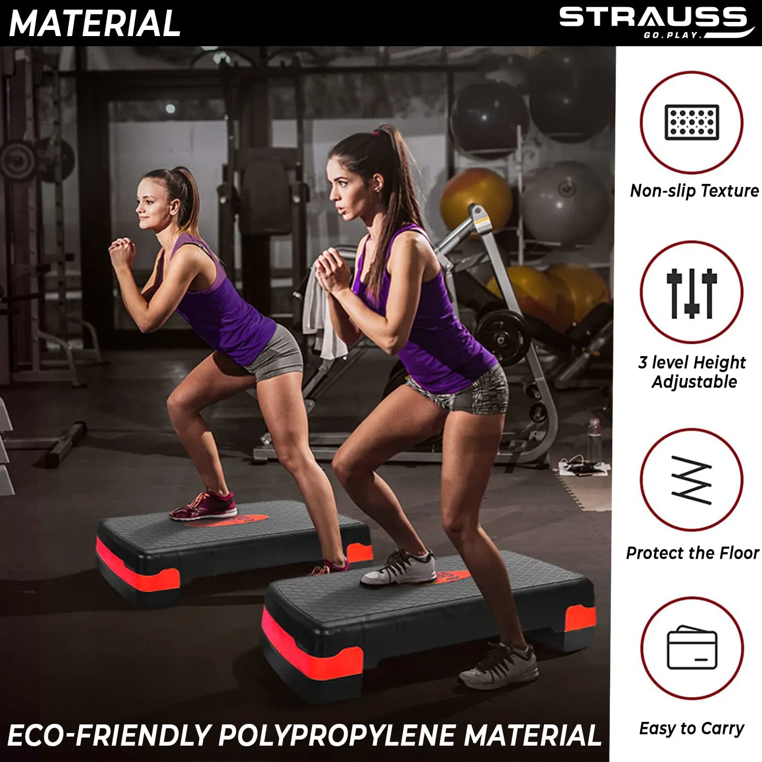 Strauss Aerobic Stepper | Two Height Level Adjustments - 4 inches and 6 inches | Slip-Resistant & Shock Absorbing Platform for Extra-Durability - Supports Upto 200 KG, (Red)