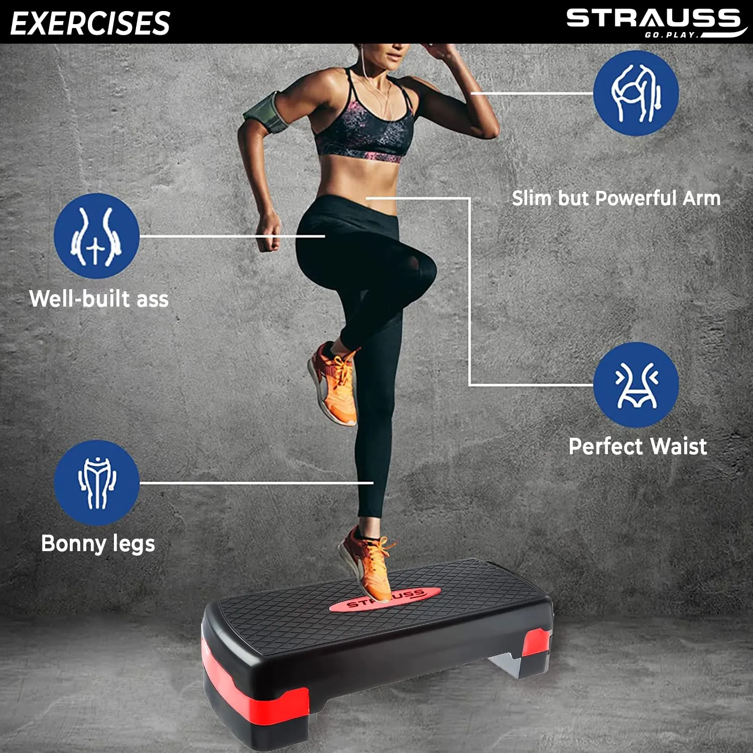 Strauss Aerobic Stepper | Two Height Level Adjustments - 4 inches and 6 inches | Slip-Resistant & Shock Absorbing Platform for Extra-Durability - Supports Upto 200 KG, (Red)