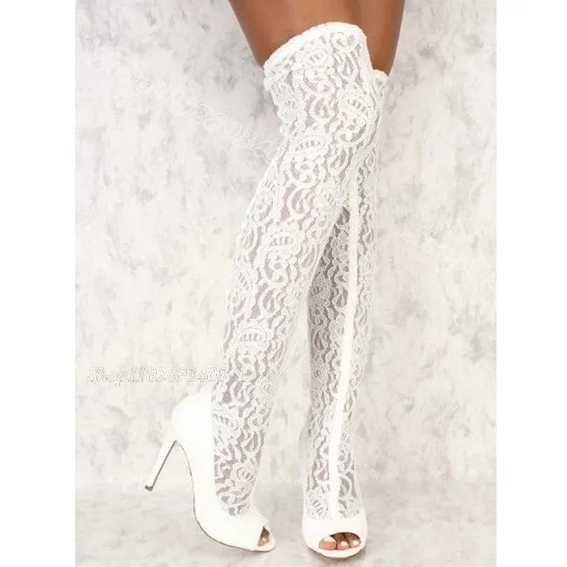 TAVIMART  -  White Air Mesh Lace Sexy Boots Splicing Pointed Toe Solid British Style Dress Party Women Over Knee Boots Zapatos Para Mujere