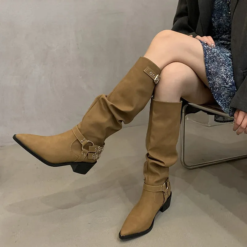 TAVIMART  -  Winter Western Cowboy Boots Women Fashion Slip On Long Boots Female Elegant Square Heel Women's Knight Botties