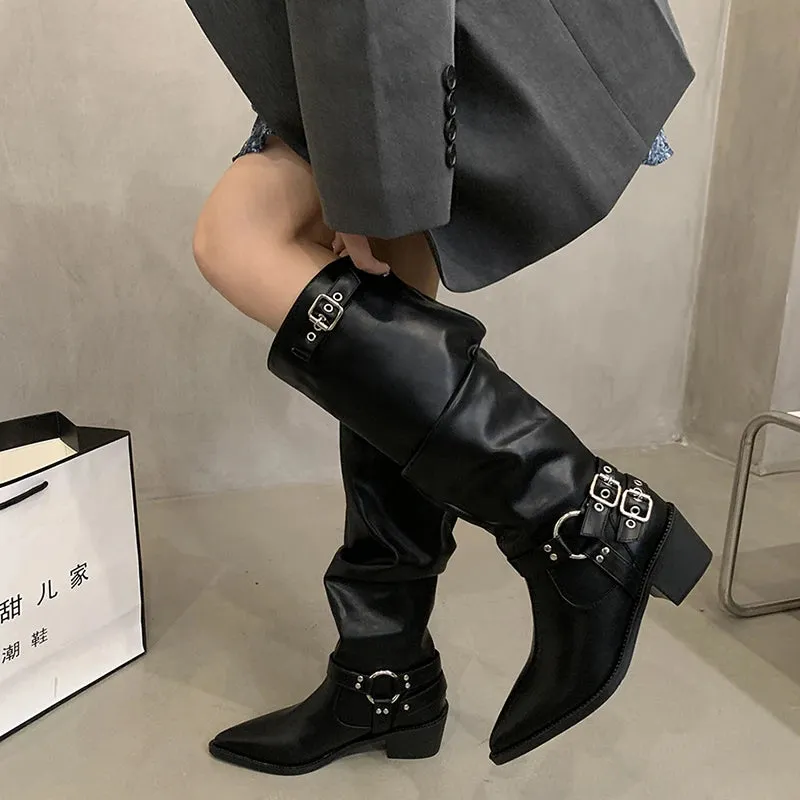 TAVIMART  -  Winter Western Cowboy Boots Women Fashion Slip On Long Boots Female Elegant Square Heel Women's Knight Botties