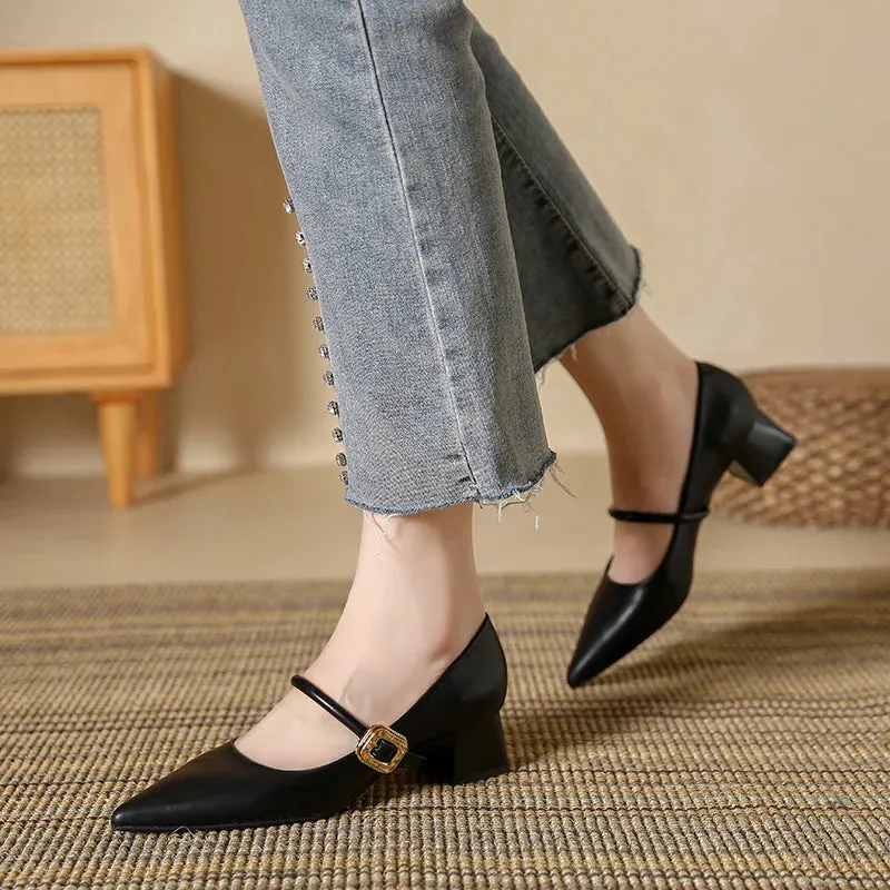 TAVIMART  -  Women Pointed Mid-heels Mary Jane Shoes Female Autumn Retro Shallow Dress Shoes Ladies New Fashion Elegant Square Heel Pumps