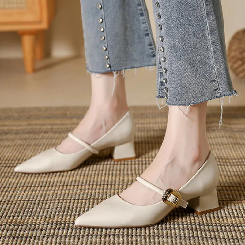 TAVIMART  -  Women Pointed Mid-heels Mary Jane Shoes Female Autumn Retro Shallow Dress Shoes Ladies New Fashion Elegant Square Heel Pumps