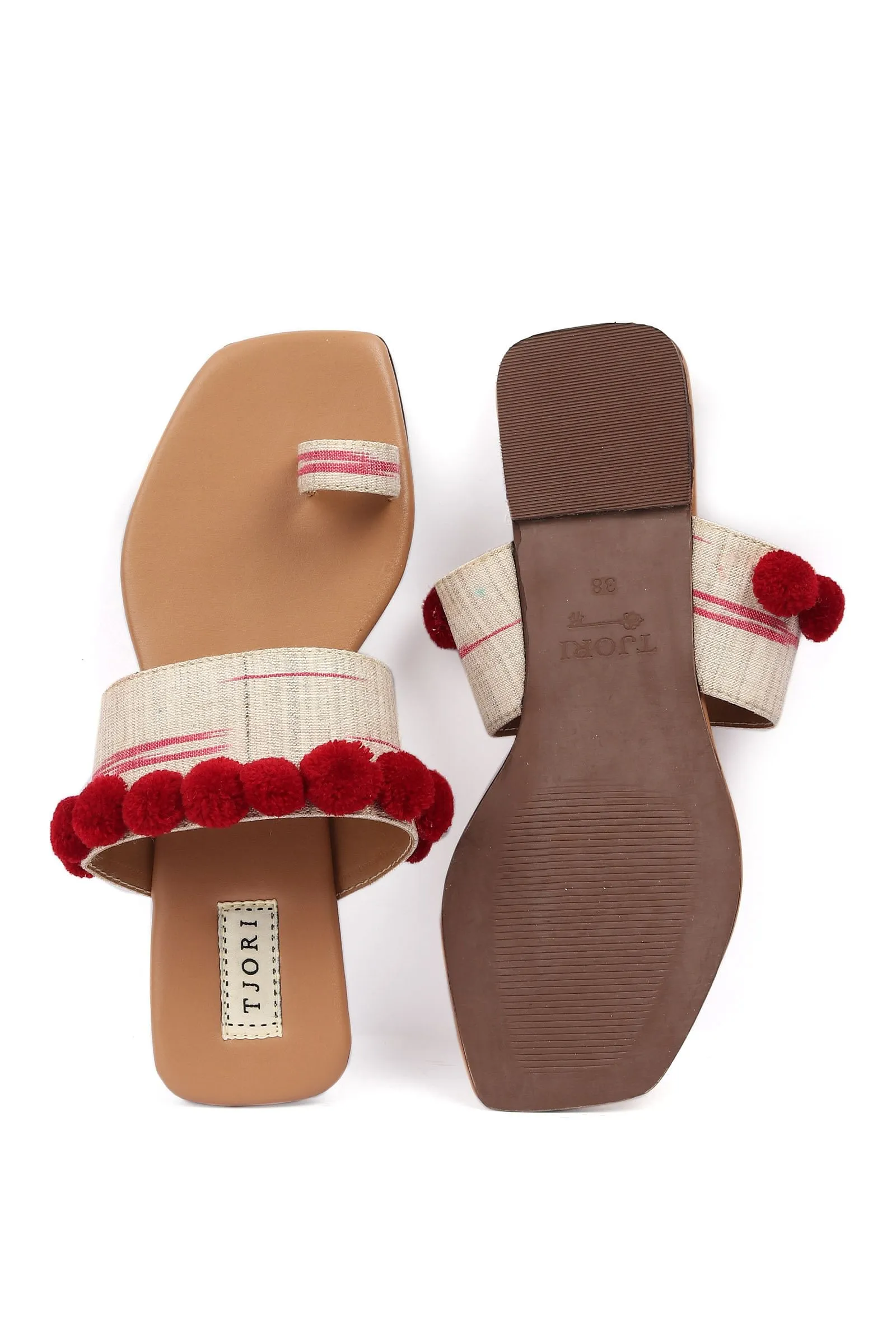 Tawny Brown Ikat One Toe Cruelty Free Leather Flats With Red Pom Pom