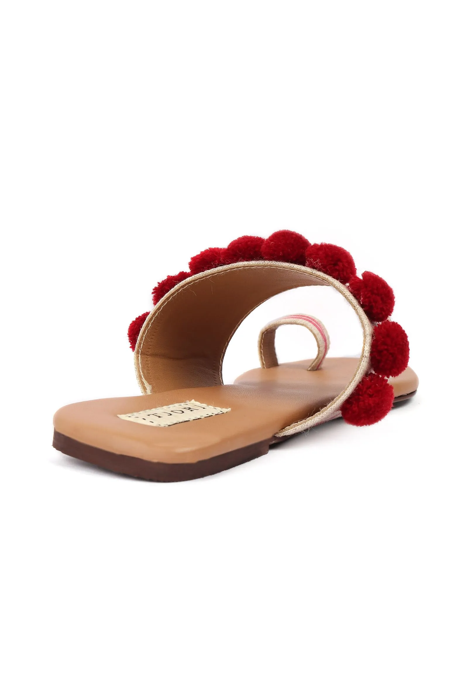 Tawny Brown Ikat One Toe Cruelty Free Leather Flats With Red Pom Pom