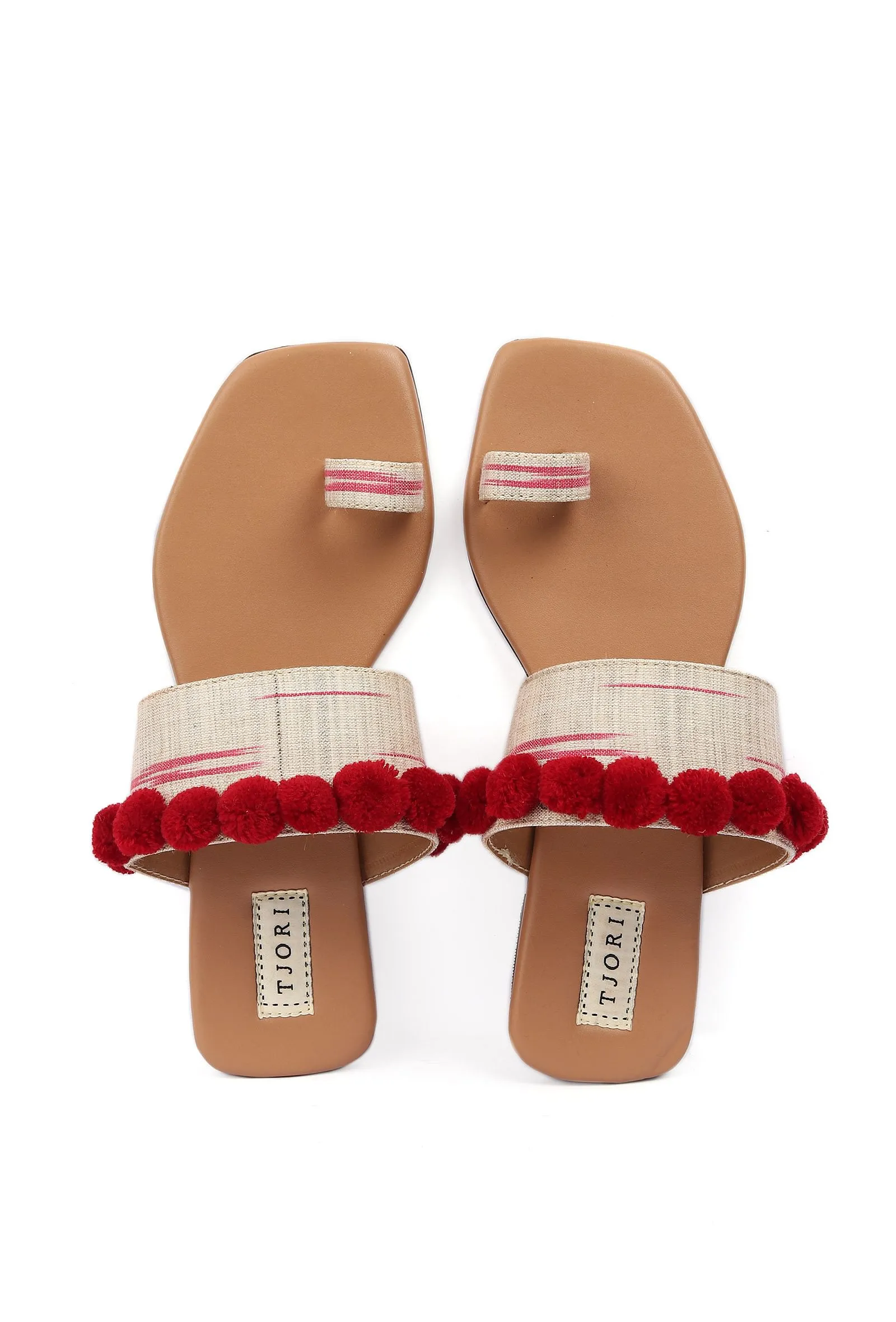 Tawny Brown Ikat One Toe Cruelty Free Leather Flats With Red Pom Pom