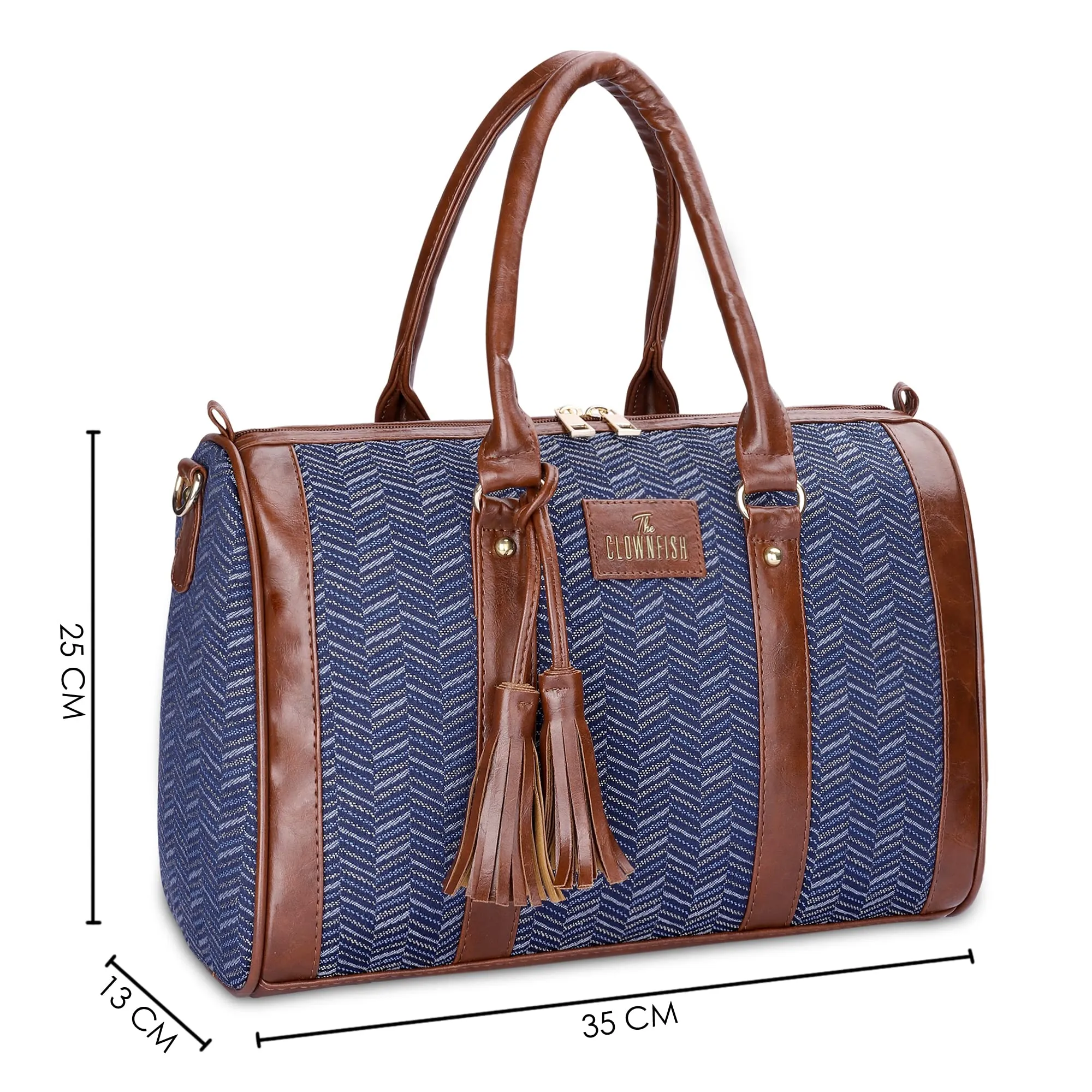 THE CLOWNFISH Lorna Tapestry Fabric & Faux Leather Handbag Sling Bag for Women Office Bag Ladies Shoulder Bag Tote For Women College Girls (Blue-Stripes)