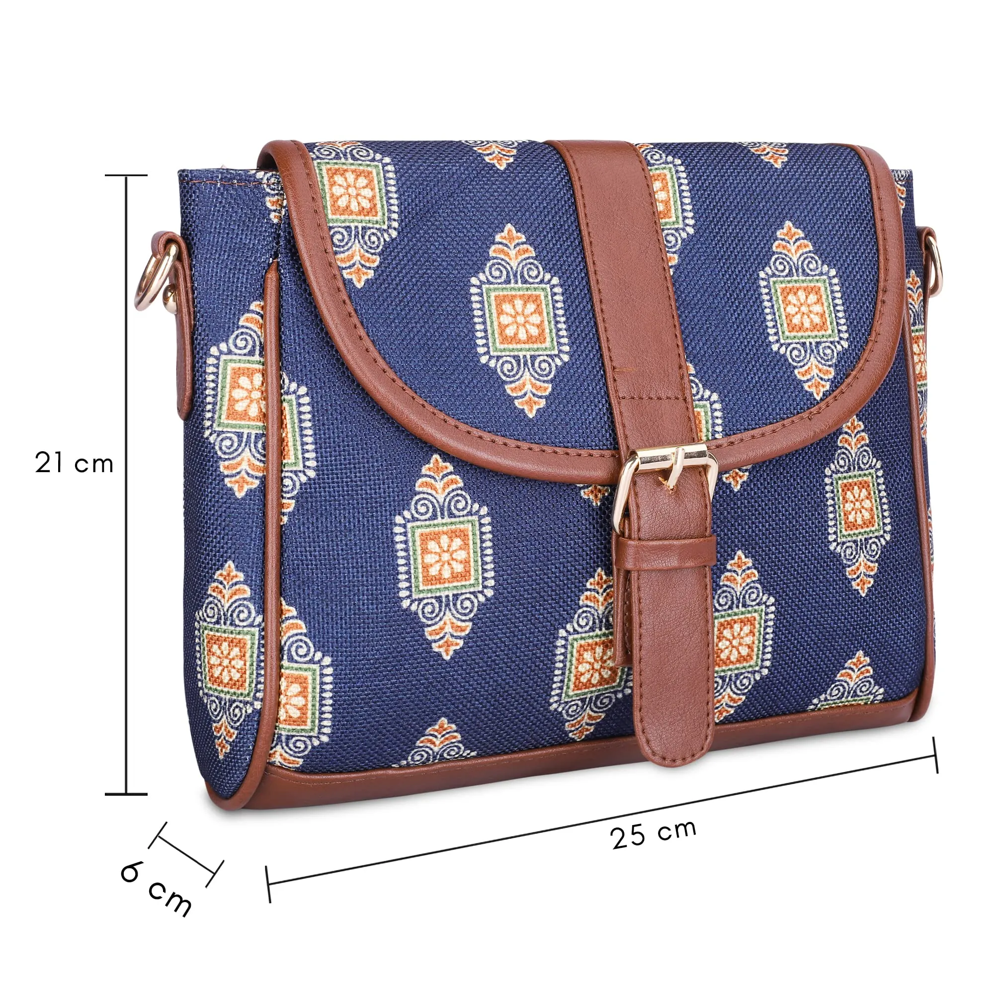 THE CLOWNFISH Madeline Printed Handicraft Fabric Handbag for Women Sling Bag Office Bag Ladies Shoulder Bag with Snap Flap Closure & Shoulder Belt Tote For Women College Girls (Dark Blue)