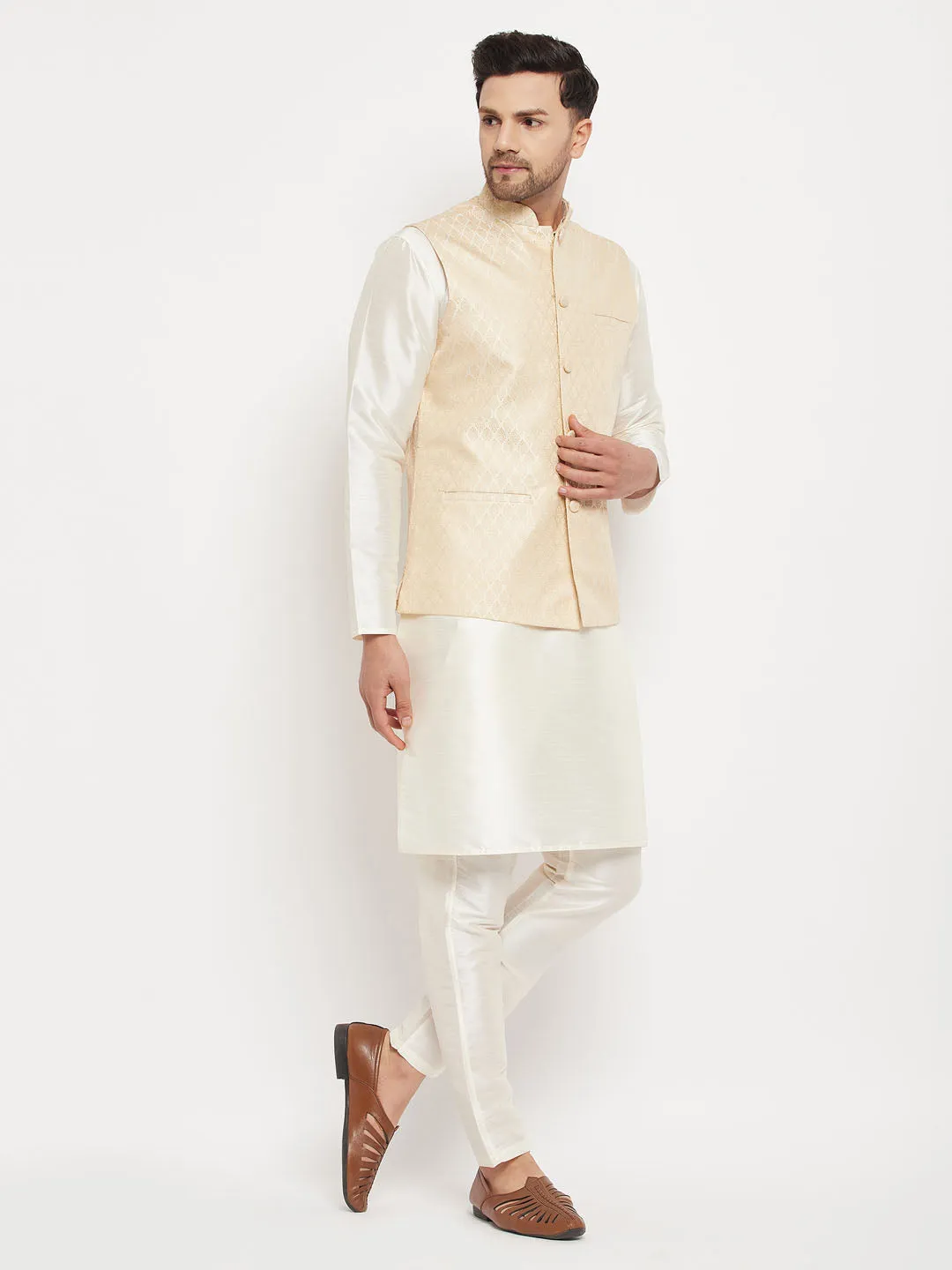 VASTRAMAY Cream Silk Nehru Jacket