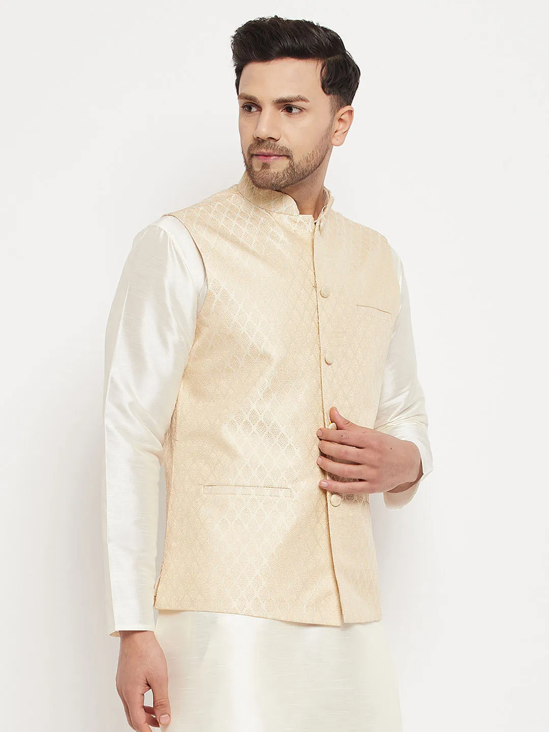 VASTRAMAY Cream Silk Nehru Jacket