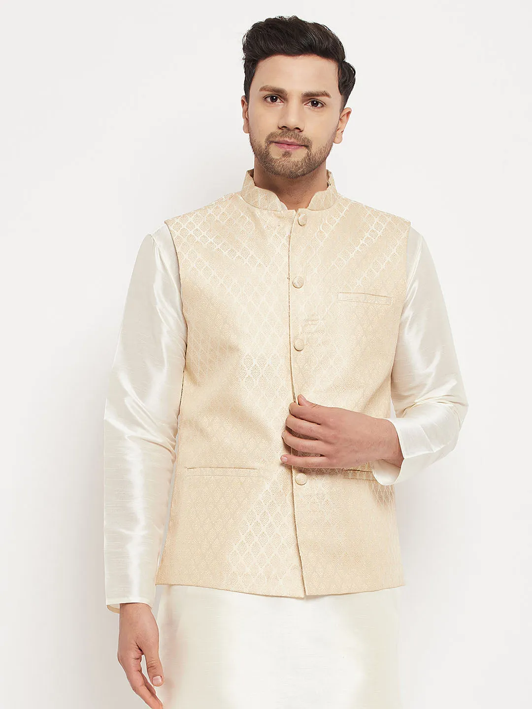 VASTRAMAY Cream Silk Nehru Jacket