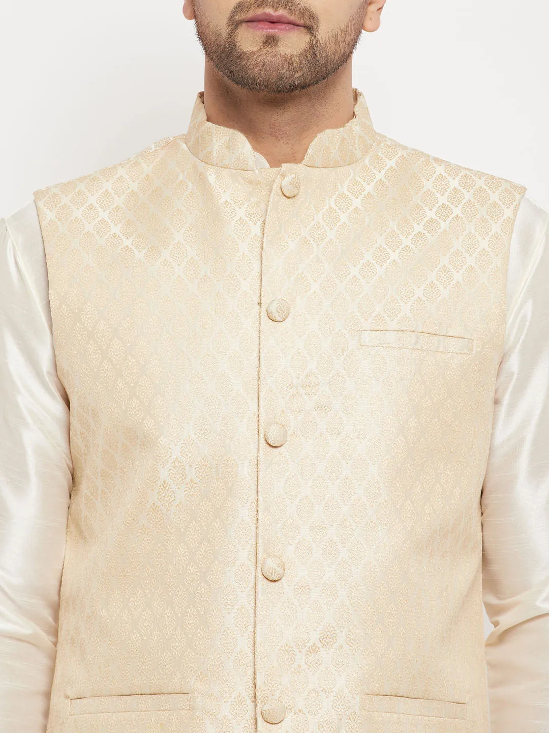 VASTRAMAY Cream Silk Nehru Jacket