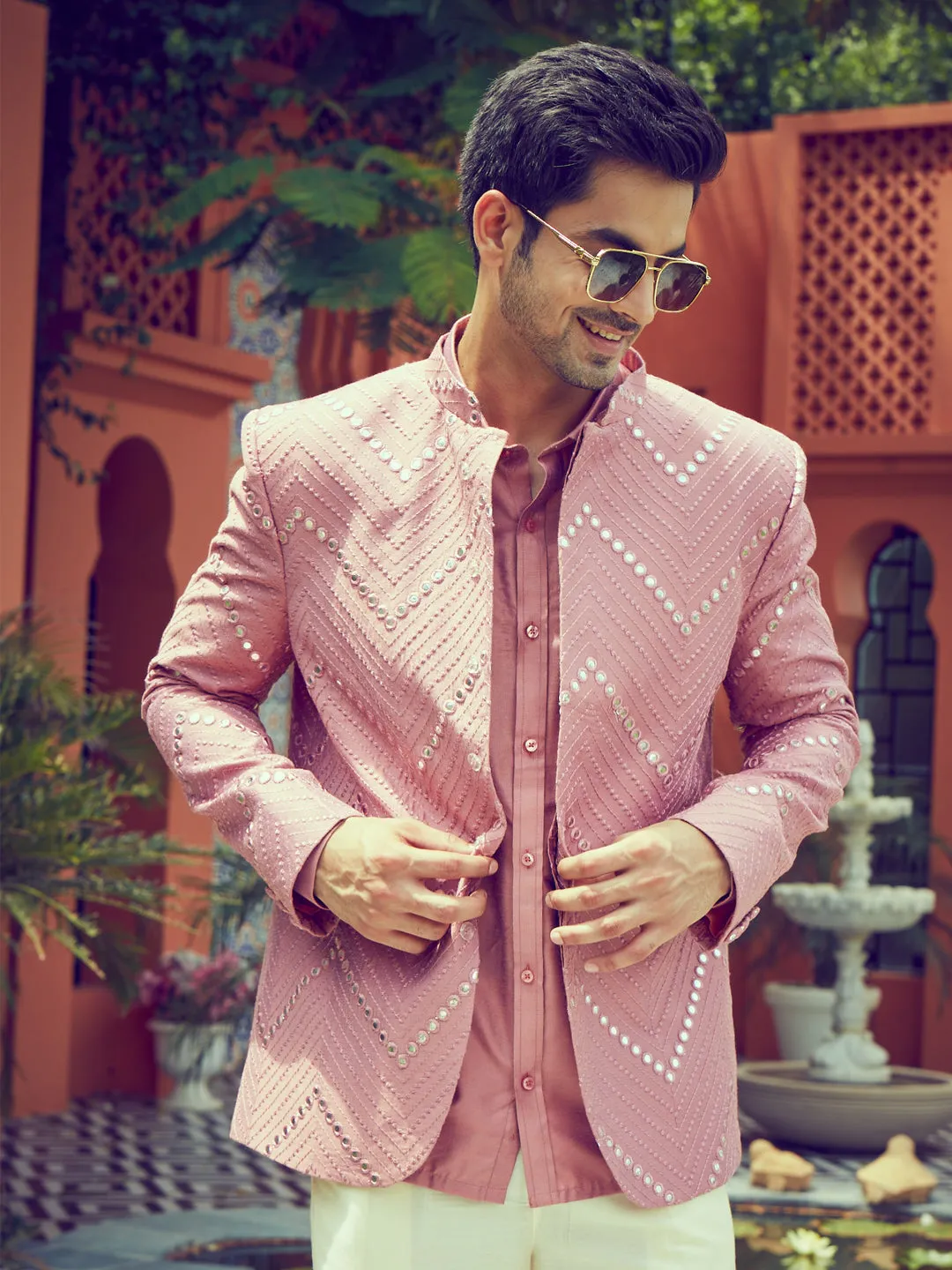 Vastramay Men's Pink Mirror Jodhpuri Set