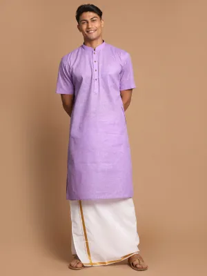 VASTRAMAY Men's Purple Cotton Kurta And Mundu