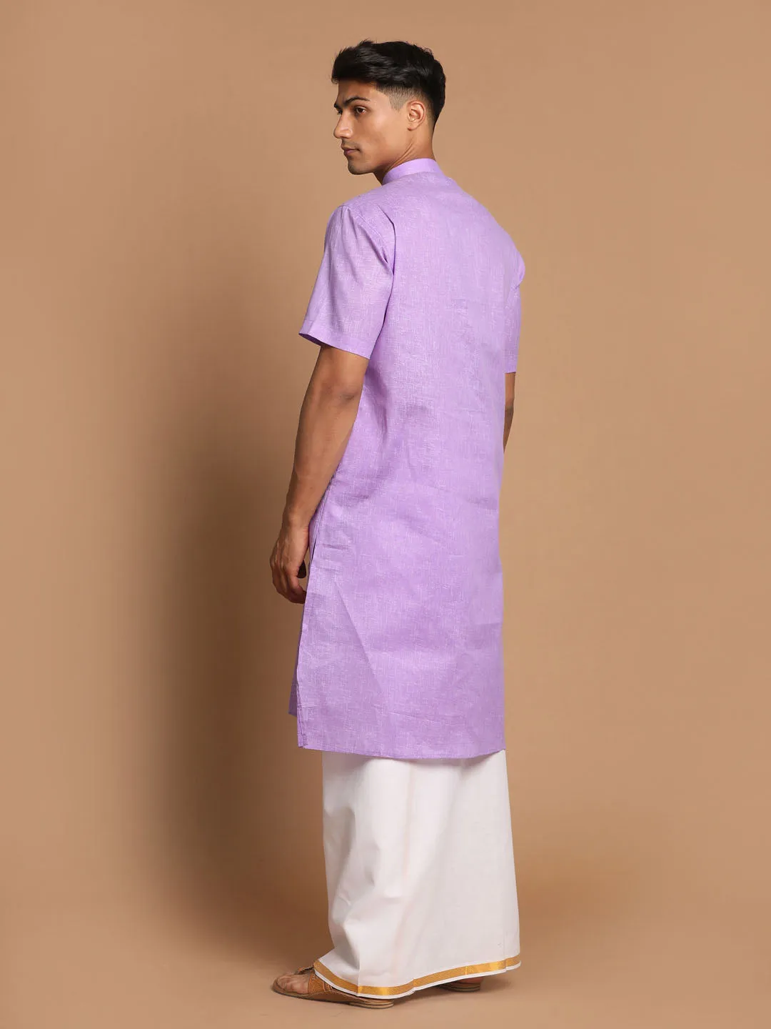 VASTRAMAY Men's Purple Cotton Kurta And Mundu