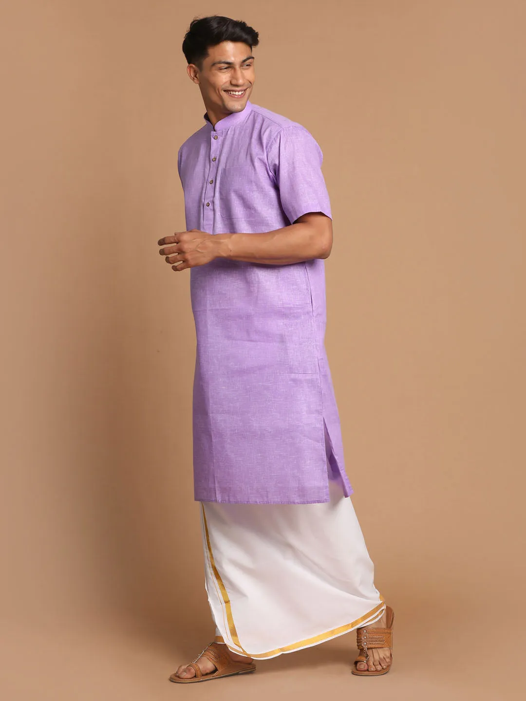 VASTRAMAY Men's Purple Cotton Kurta And Mundu