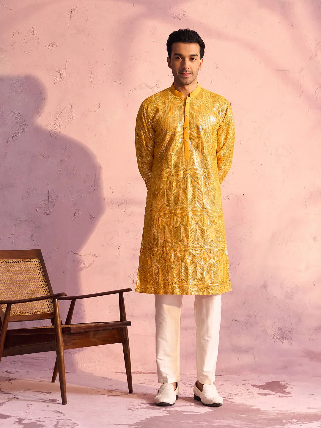 Vastramay Men's Yellow Georgette Kurta Set