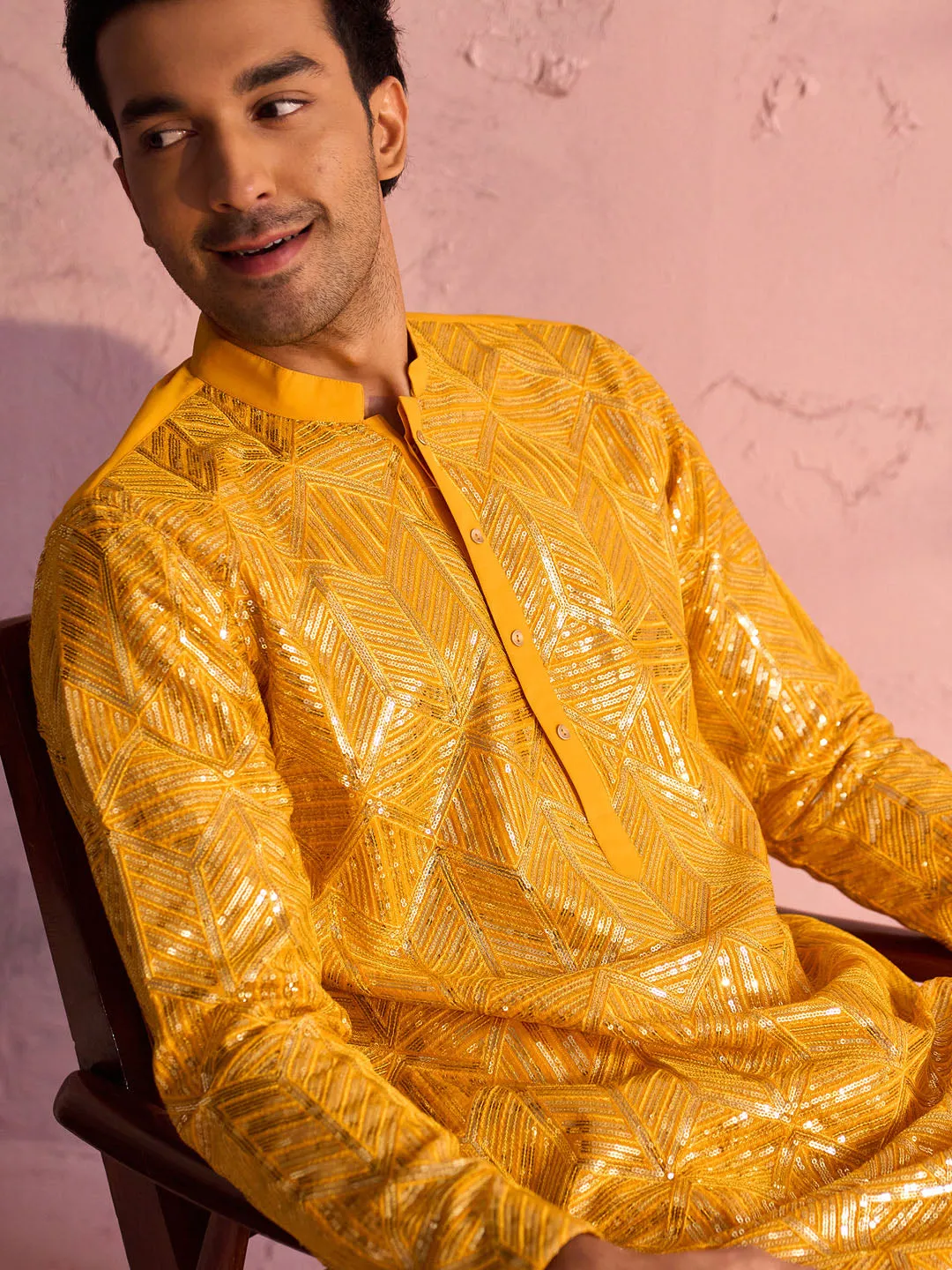 Vastramay Men's Yellow Georgette Kurta Set