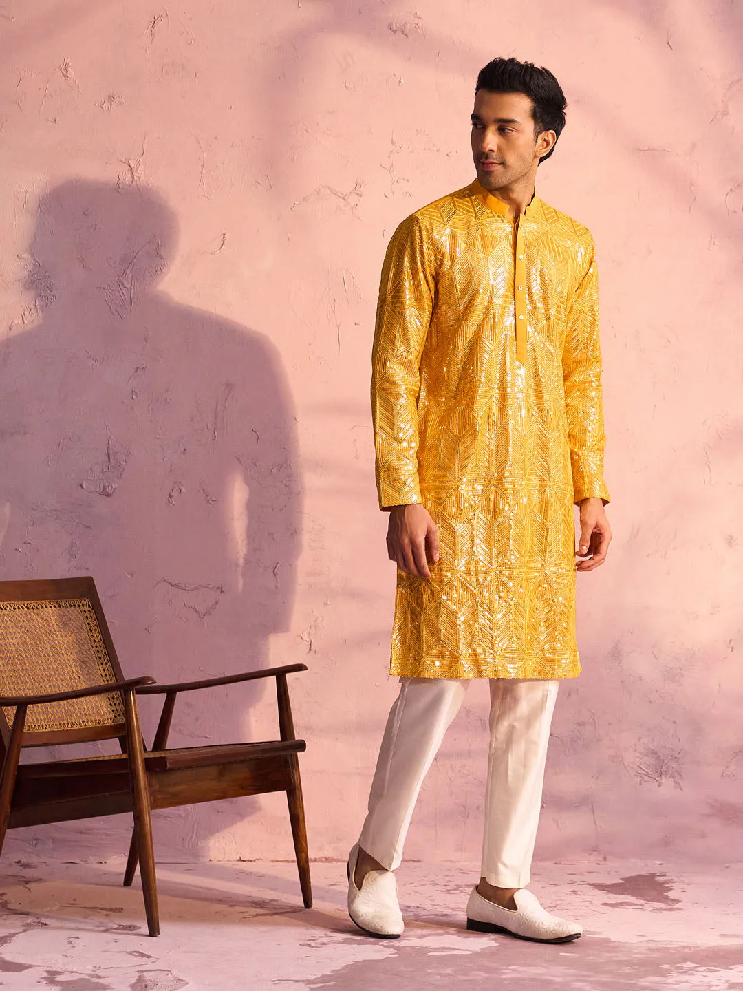 Vastramay Men's Yellow Georgette Kurta Set