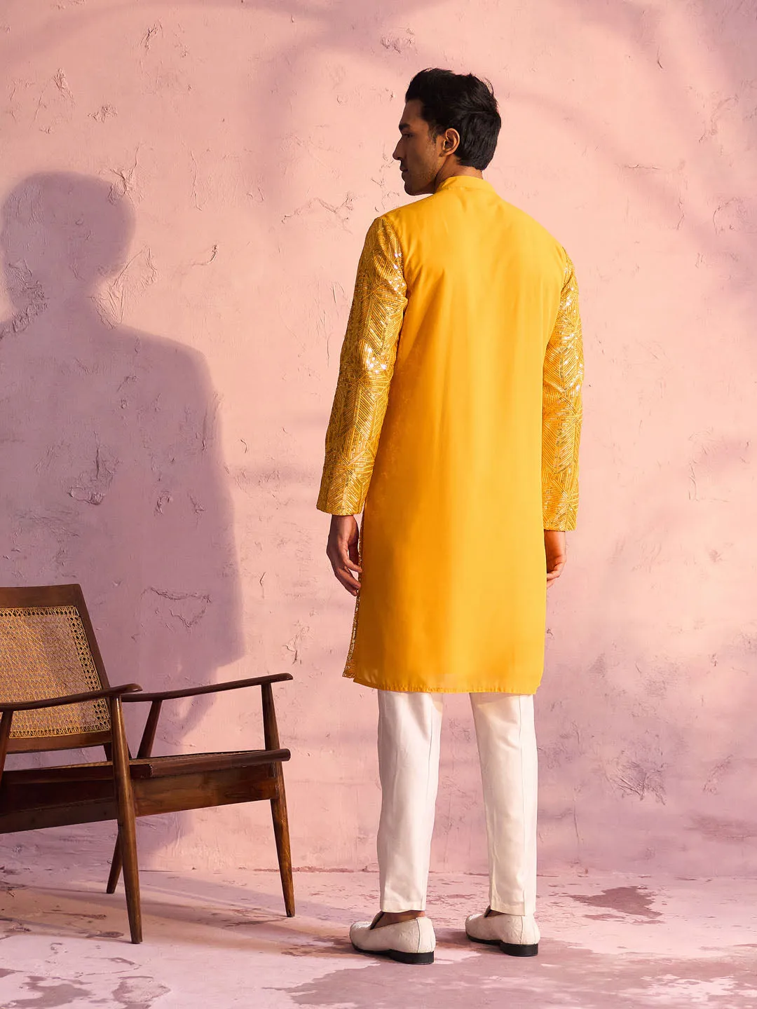 Vastramay Men's Yellow Georgette Kurta Set