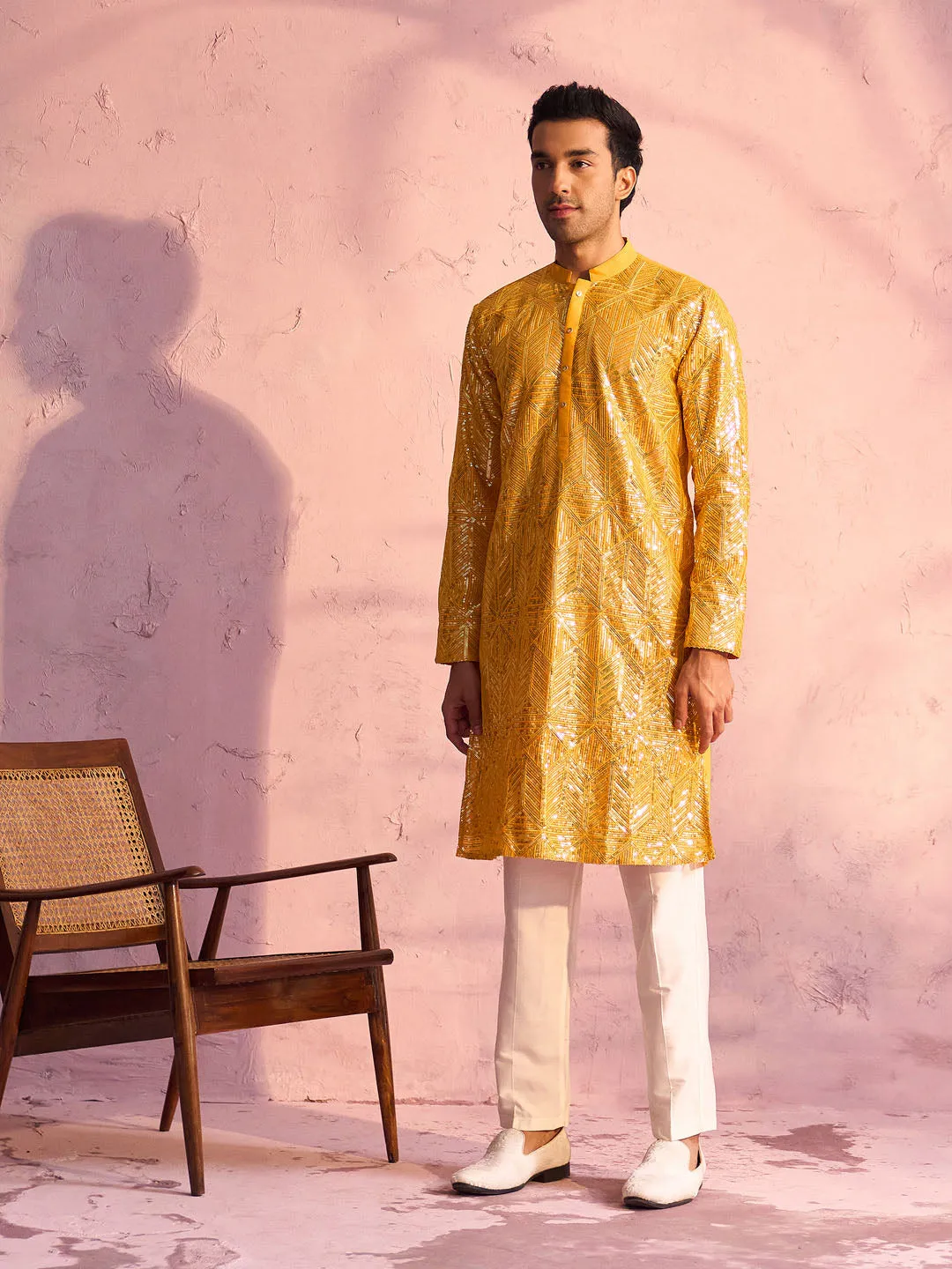 Vastramay Men's Yellow Georgette Kurta Set