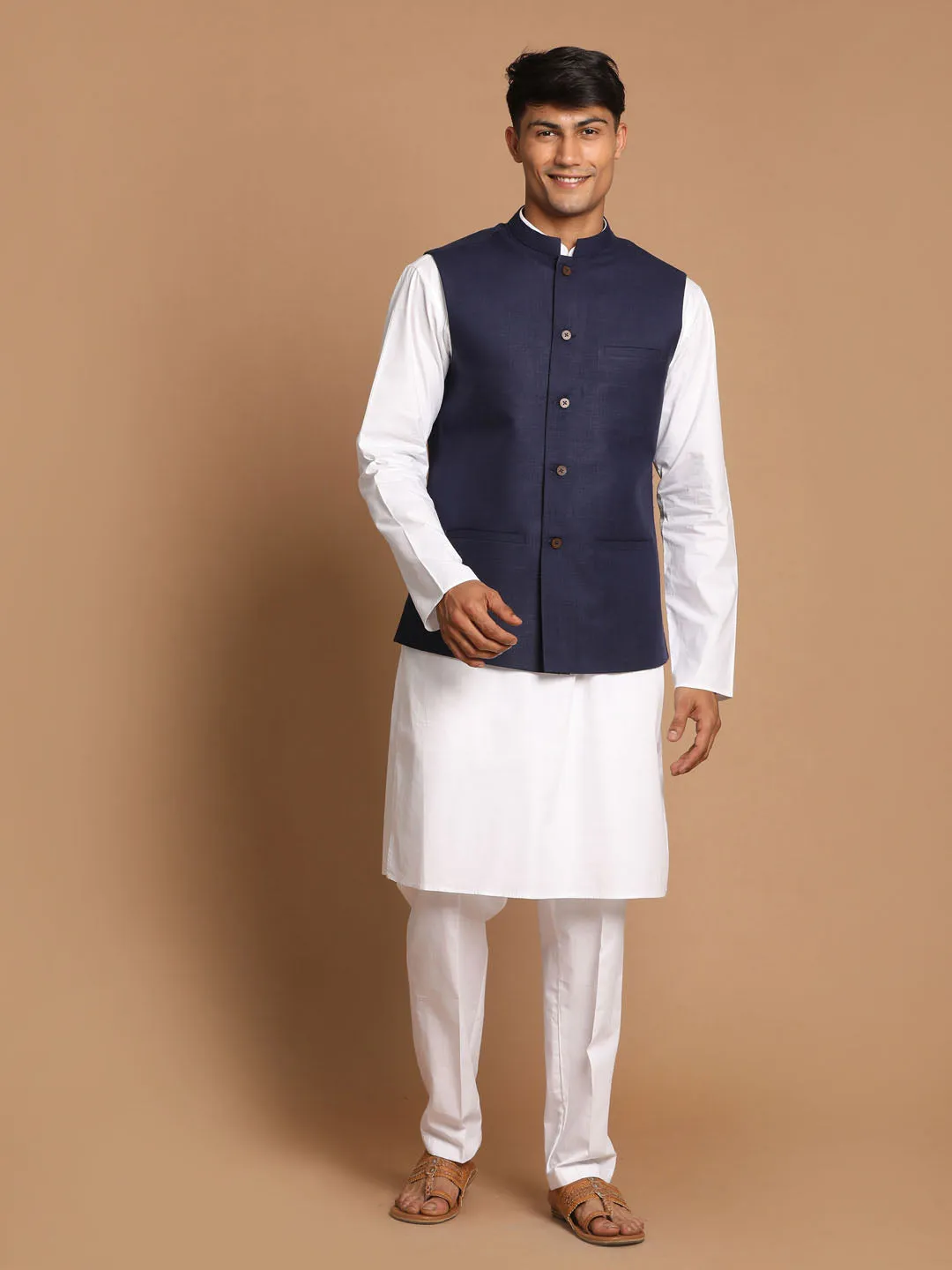 VASTRAMAY Navy Blue Nehru Jacket Set