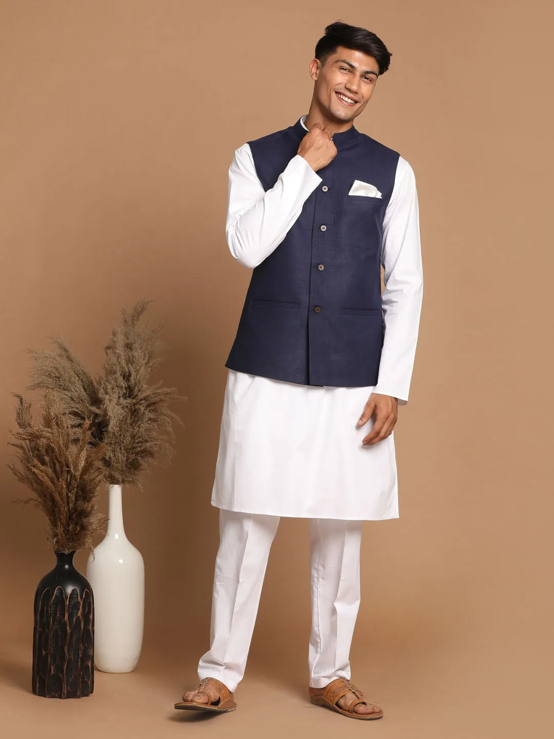 VASTRAMAY Navy Blue Nehru Jacket Set