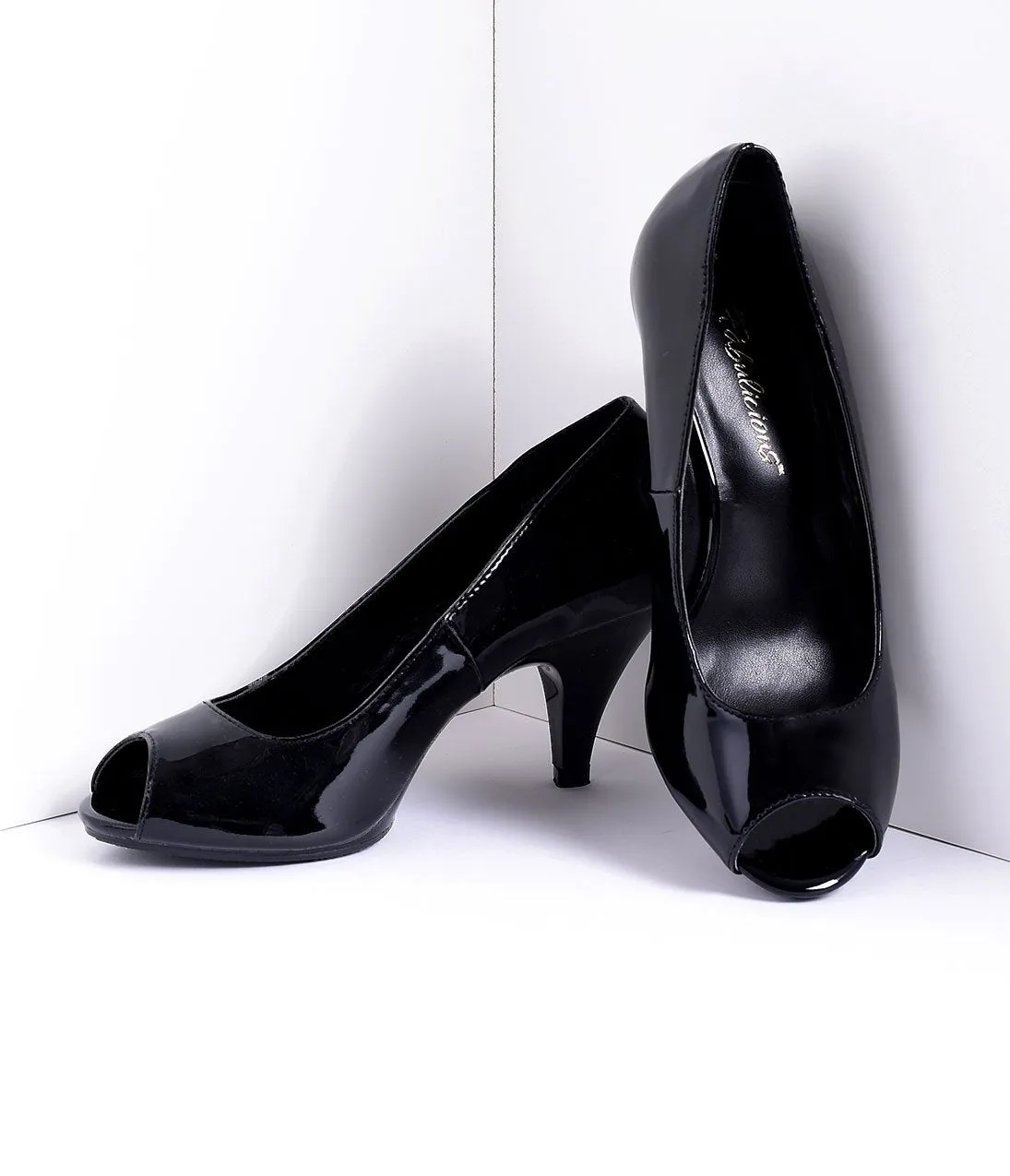 Vintage Style Black Patent Leather Peep Toe Pump