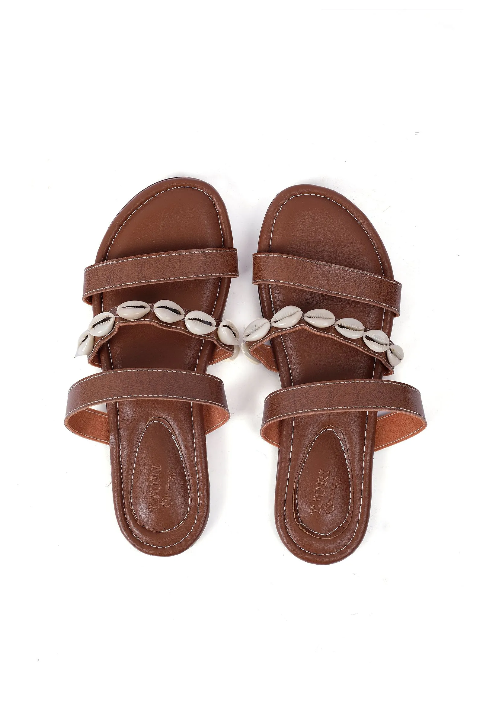 Walnut Cowrie Shell Criss Cross Sliders