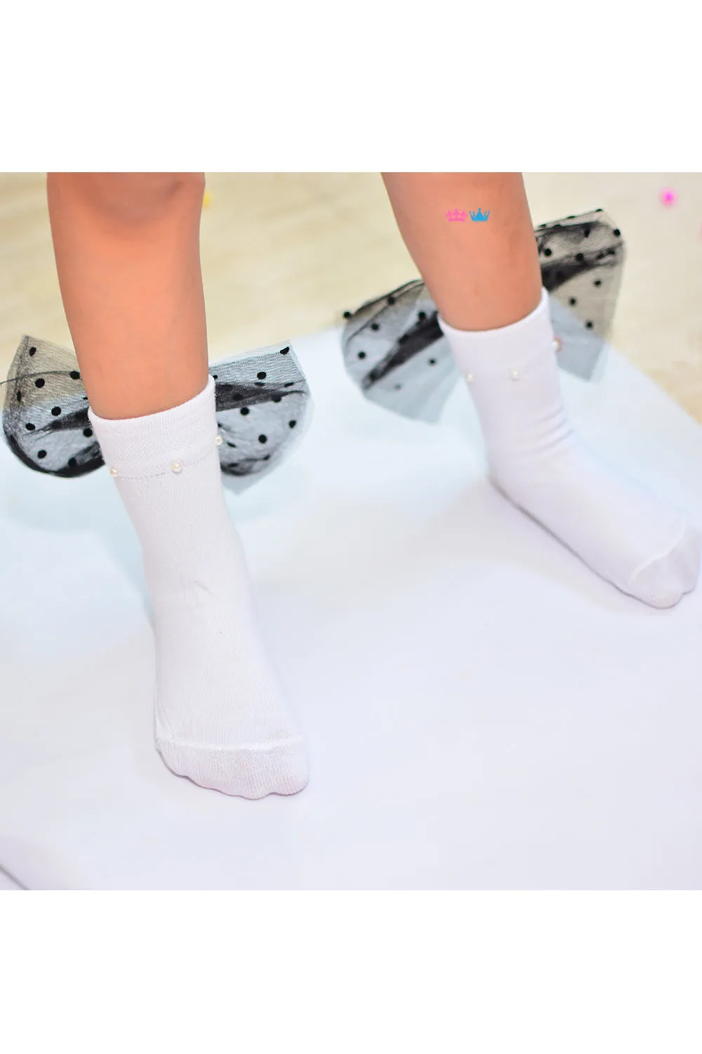 White embellished black bow socks