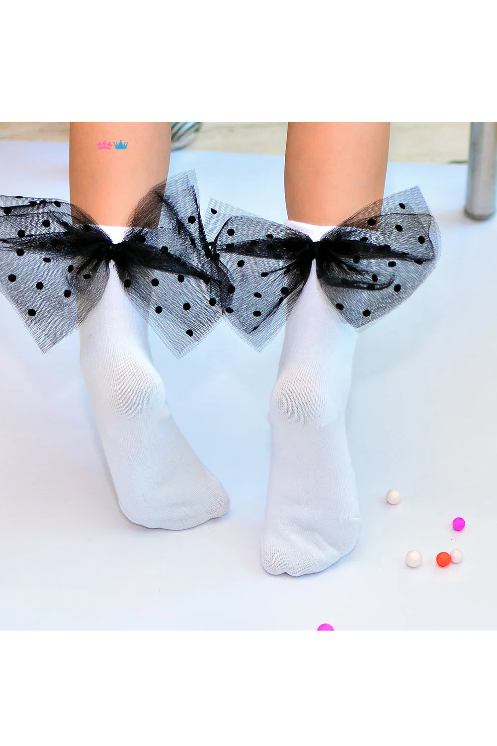 White embellished black bow socks