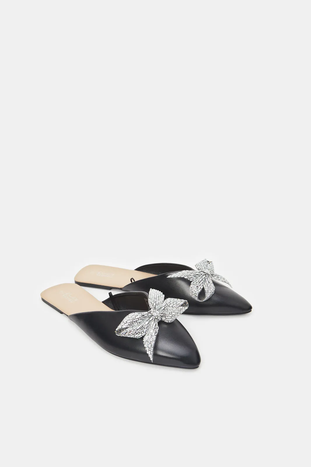 Women Black Bow Trim Mule