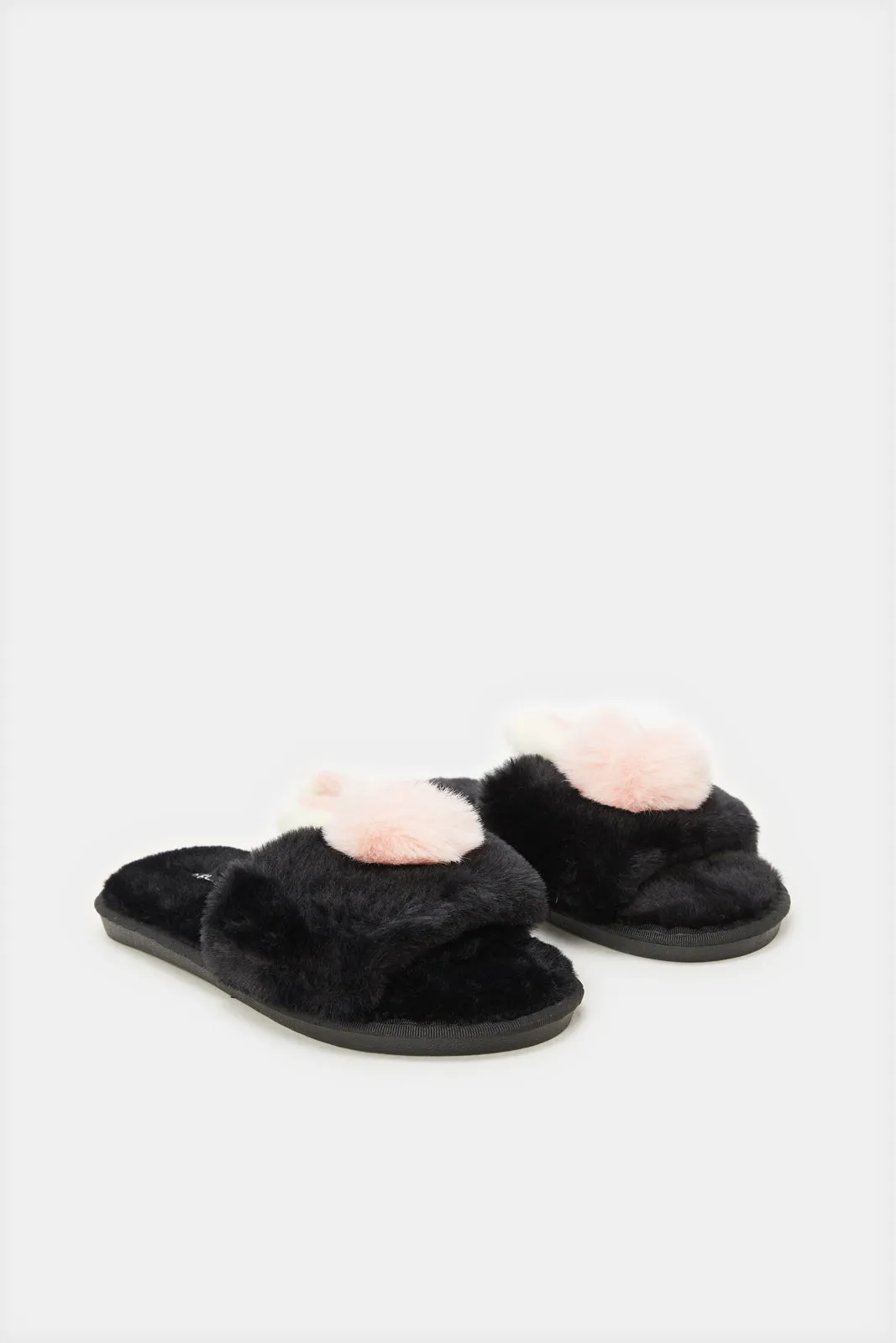 Women Black Bunny Trim Slipper