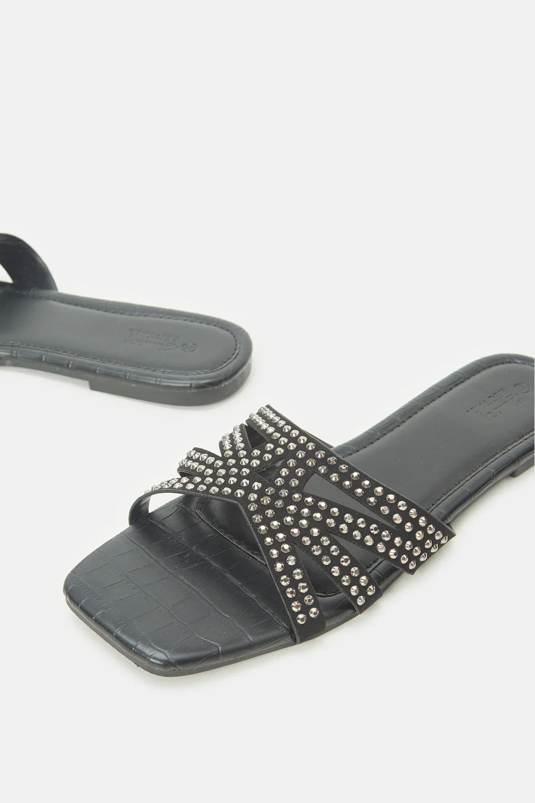 Women Black Croc Embellished Mule