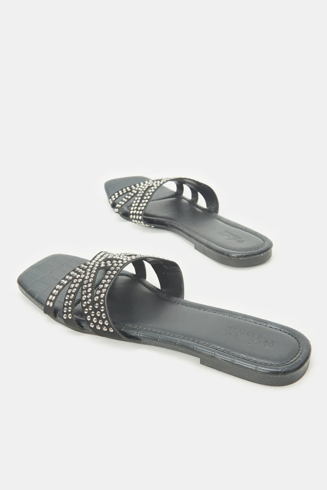 Women Black Croc Embellished Mule