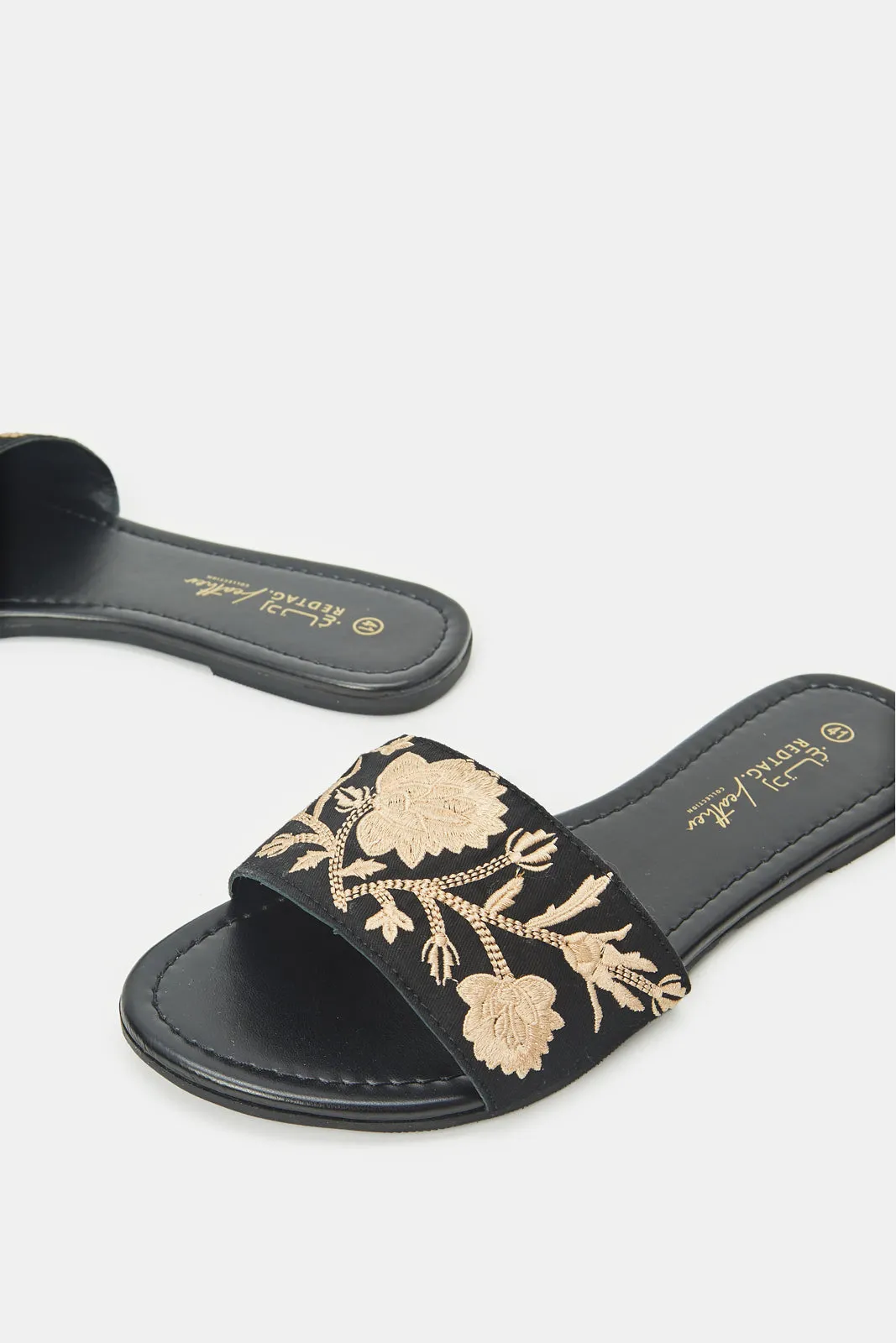 Women Black Embroidered Mule