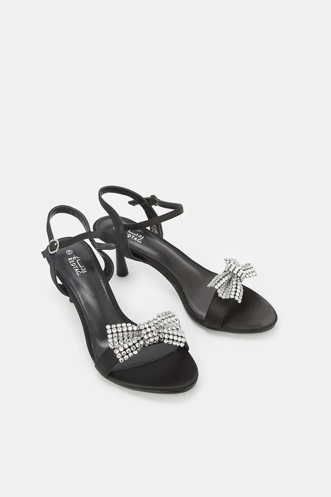 Women Black Satin Sandal With Gold Bow