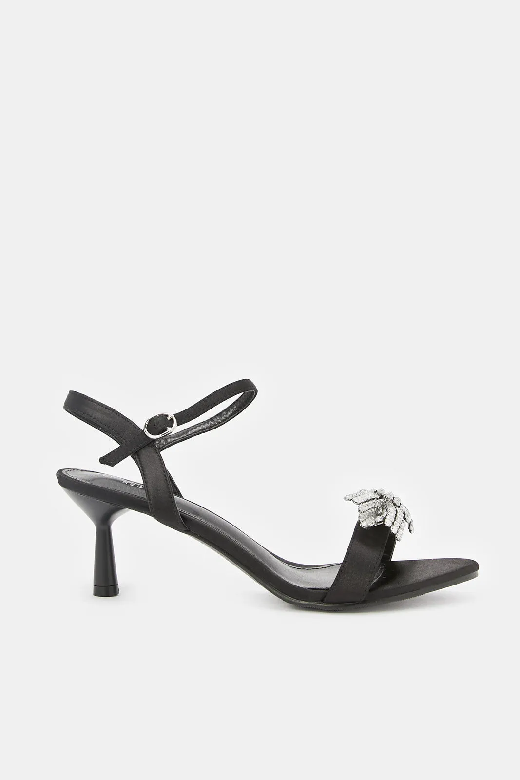 Women Black Satin Sandal With Gold Bow