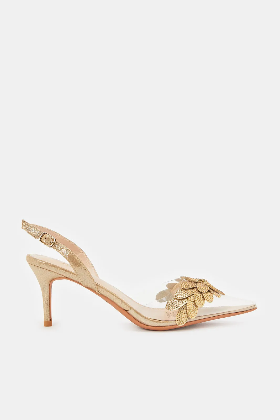 Women Gold Flower Vinyl Slingback