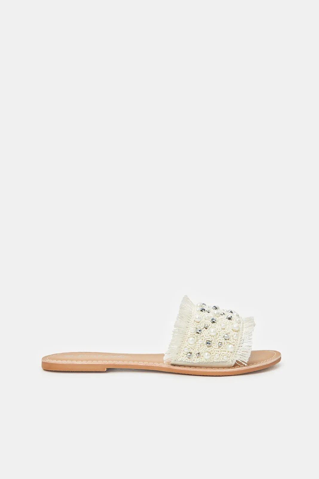 Women Ivory Pearl Trim Mule