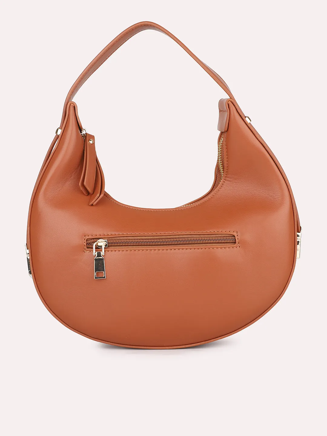 Women Tan Solid PU Half Moon Resizeable Shoulder Bag