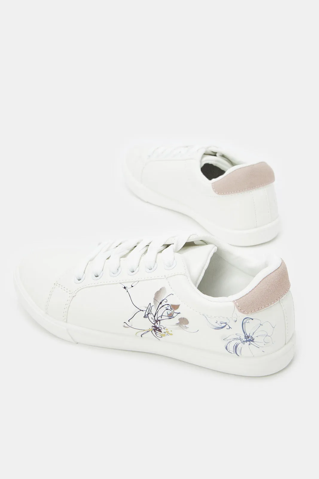 Women White Lace Up With Flower Print