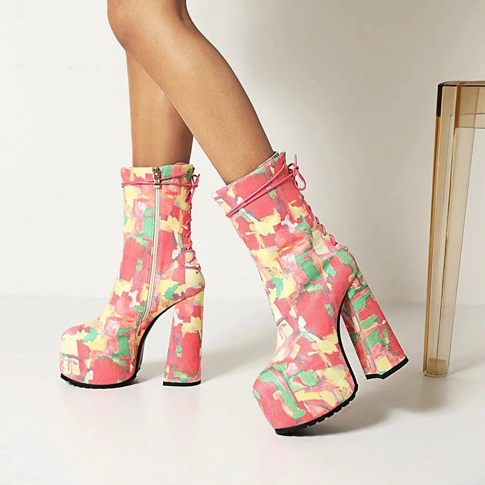 Zipper Floral Ankle Platform Boots