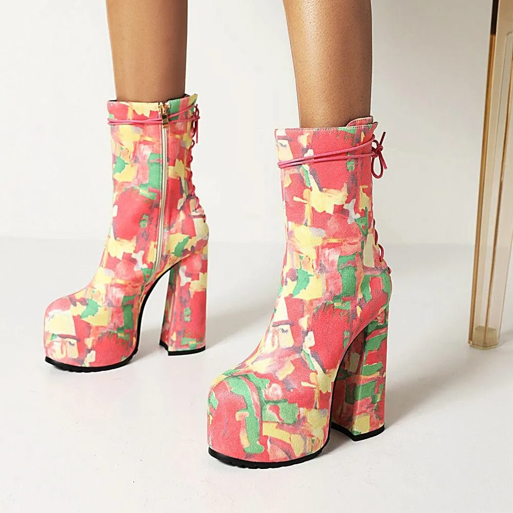 Zipper Floral Ankle Platform Boots