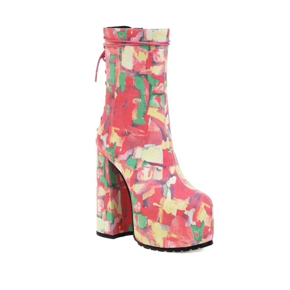 Zipper Floral Ankle Platform Boots