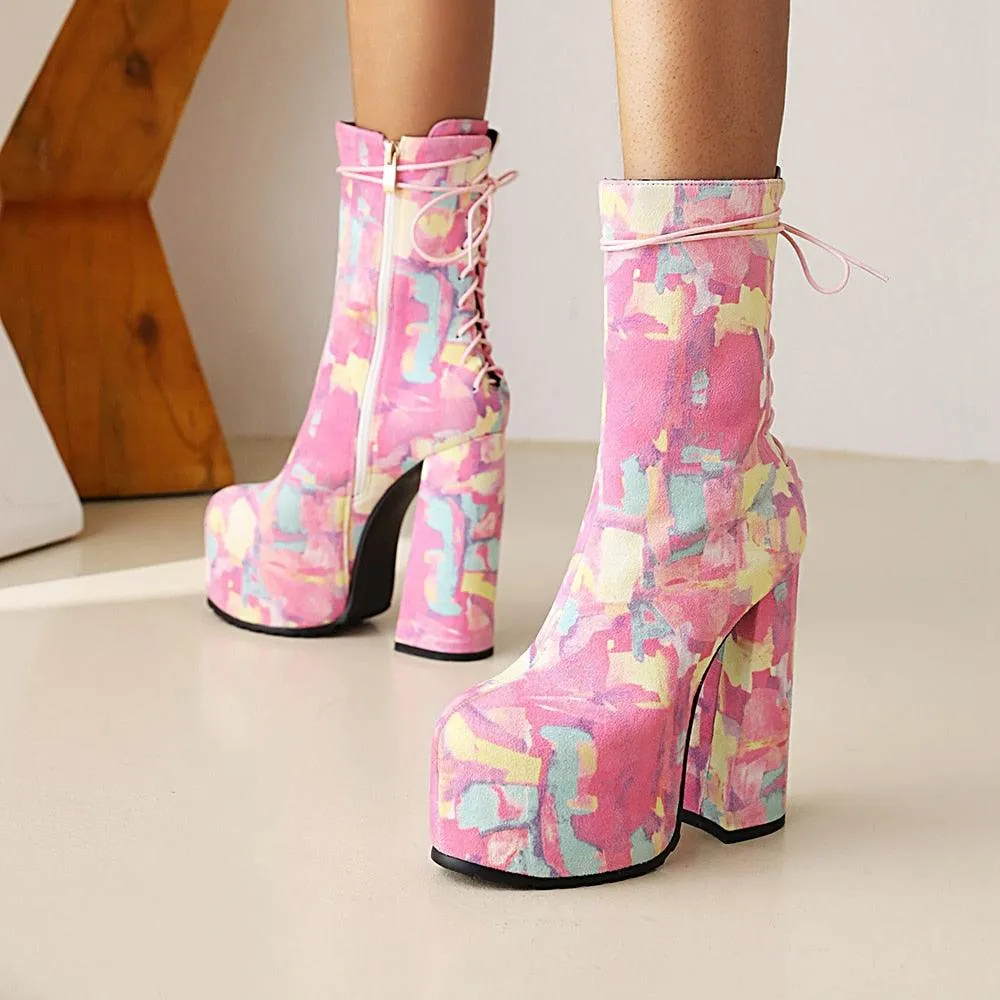 Zipper Floral Ankle Platform Boots